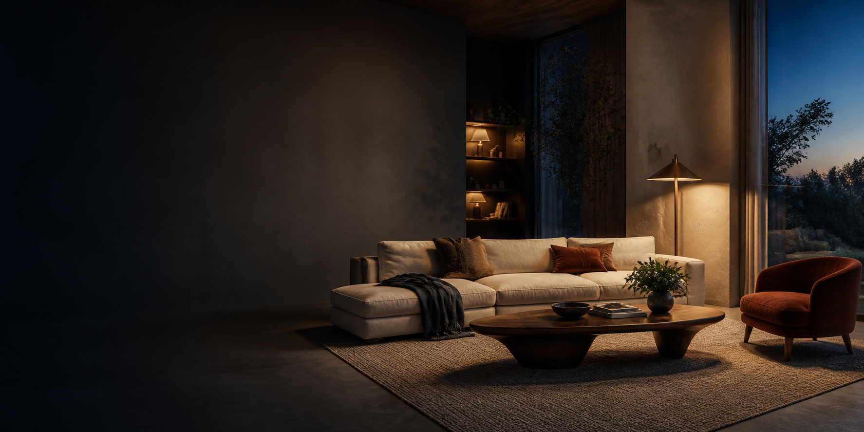 A furnished room in low evening light